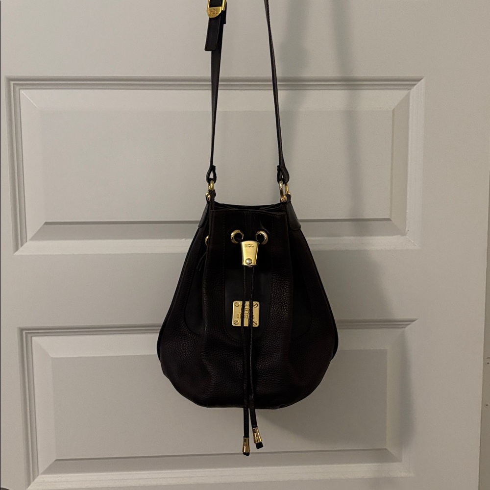 VTG HCL Dark brown 100% pebbled leather bucket crossbody bag gold accents Euro - Picture 3 of 14